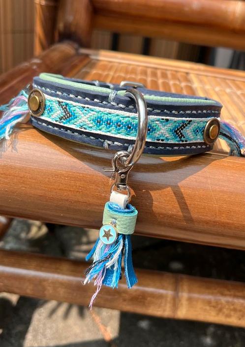 Ibiza boho halsband donkerblauw leer mint nappa 27-37 cm, Dieren en Toebehoren, Hondenhalsbanden en Penningen, Nieuw, Handgemaakt