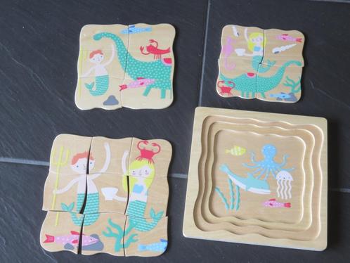 Houten laagjes puzzel zee thema, 4, 6 en 9 stukjes., Kinderen en Baby's, Speelgoed | Kinderpuzzels, Gebruikt, 2 tot 4 jaar, 10 tot 50 stukjes