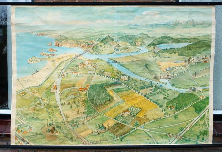 Oude schoolplaat met vele en diverse landschappen, Antiek en Kunst, Antiek | Schoolplaten, Stad- en Dorpsgezichten, Ophalen of Verzenden