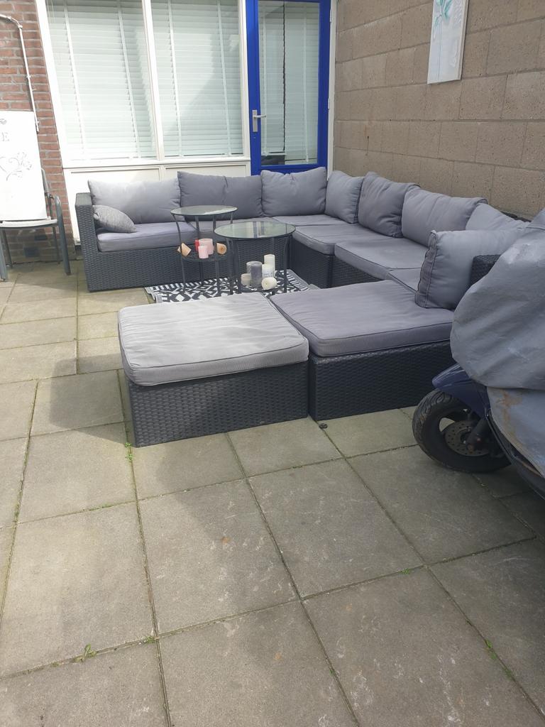Grote loungeset met grijze kussens, Tuin en Terras, Tuinsets en Loungesets, Ophalen of Verzenden, Gebruikt, Wicker