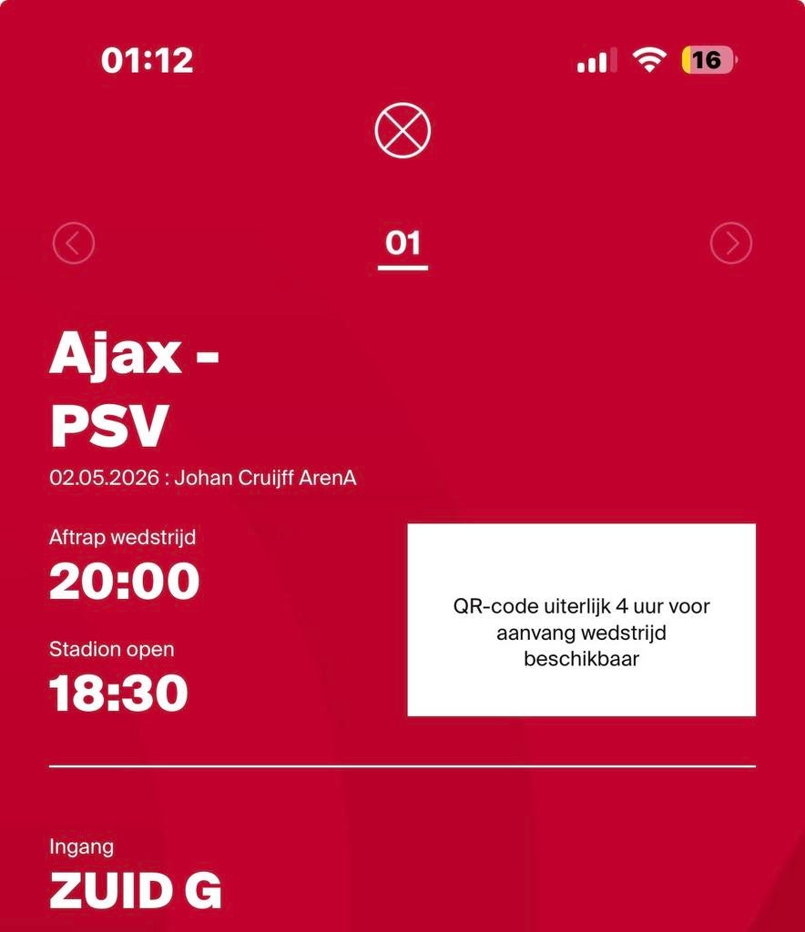 Kaart Ajax-PSV| Zuid G|, Tickets en Kaartjes, Sport | Voetbal, Losse kaart, Eén persoon, Februari