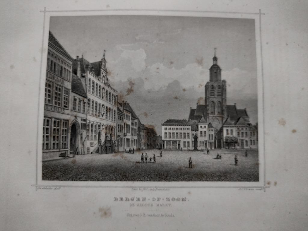 A 095 Bergen op Zoom de Groote Markt Staalgravure 1860, Antiek en Kunst, Kunst | Etsen en Gravures, Ophalen of Verzenden
