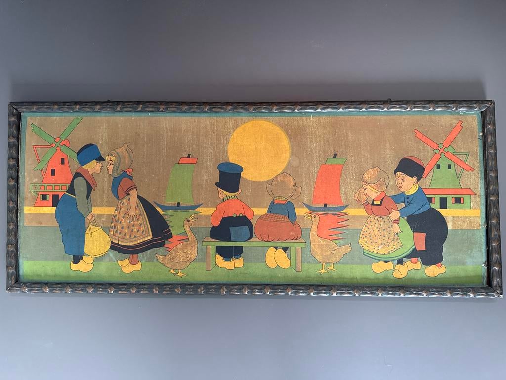 Vintage prent oud Hollands tafereel molens klompen, Ophalen