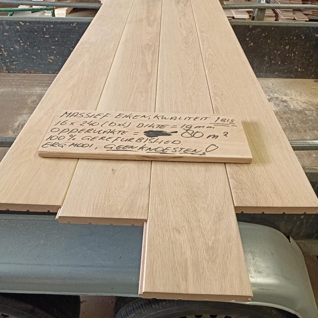 massief eiken houten vloer, 16cm, 80m2, kwal. 1bis, 100% ok, Ophalen, Vloerdelen of -planken, Zo goed als nieuw, 10 m² of meer