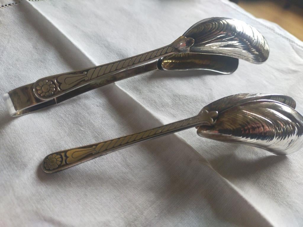 Vintage verzilverd prachtige 2 delig mossel bestek,., Ophalen of Verzenden