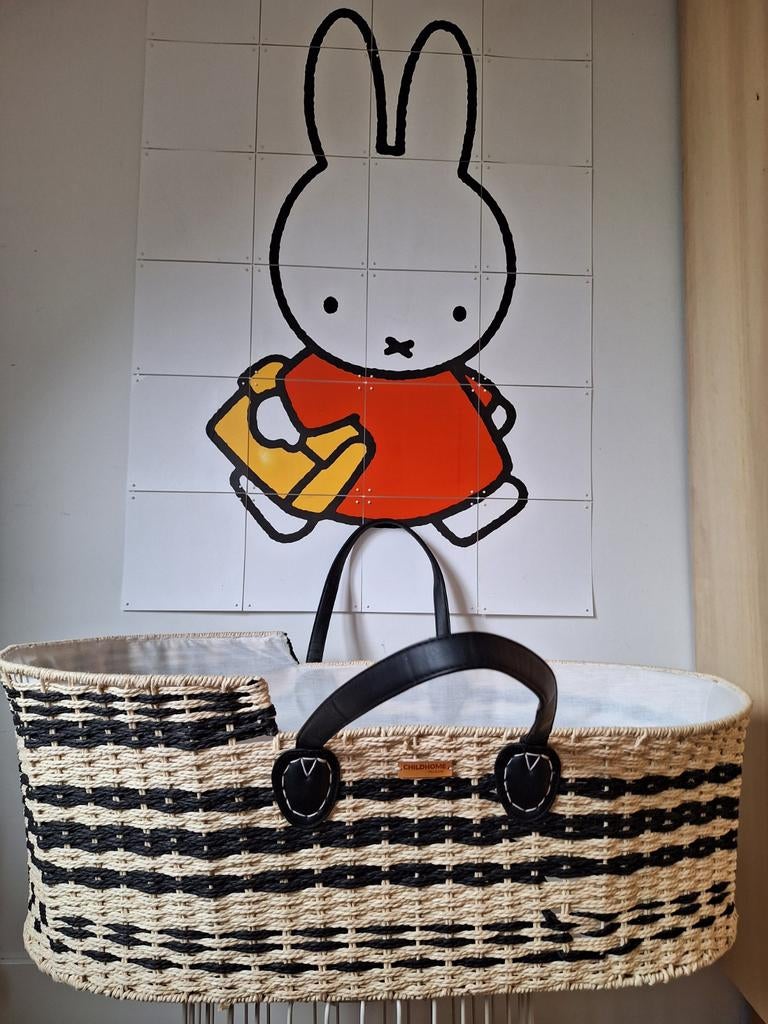 Mozesmand reiswieg rotan zwart wit leren handvat CHIlDHOME, Ophalen, Zo goed als nieuw, Wieg