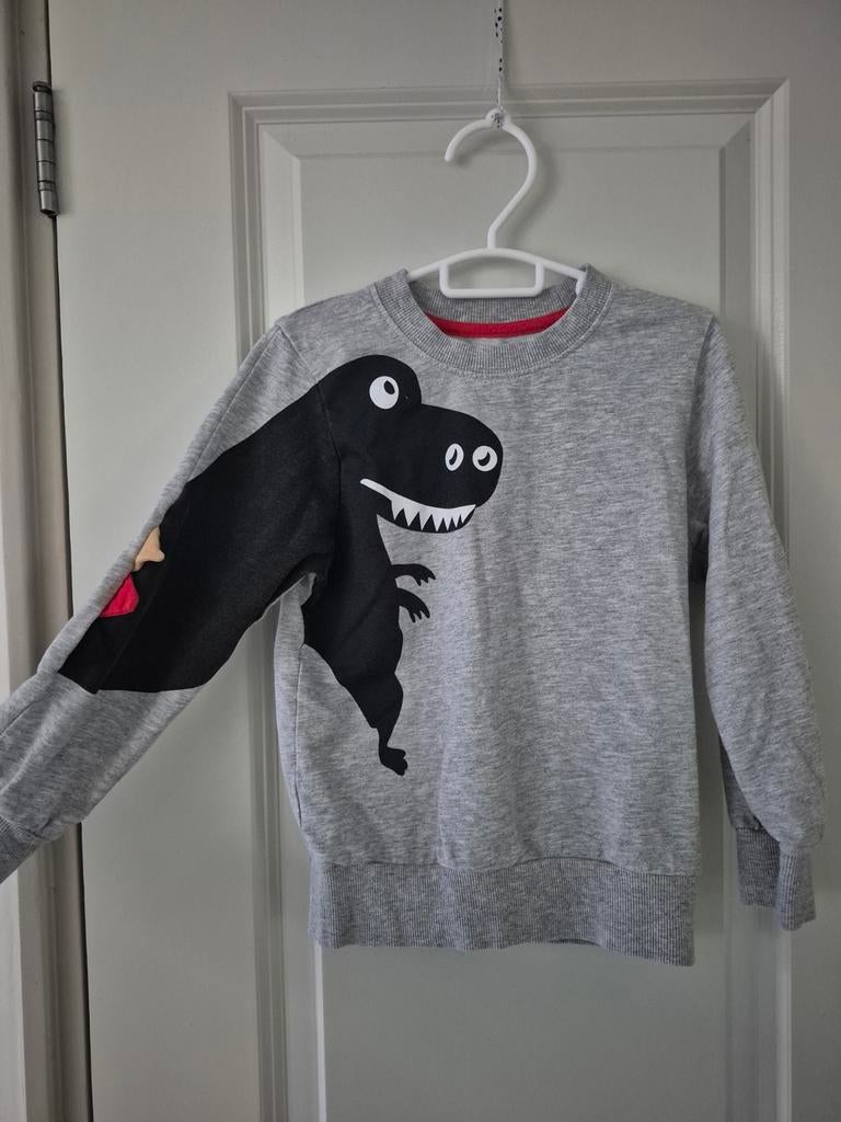 Sweater longsleeve grijs dinosaurus mouw zwart 104 110, Ophalen of Verzenden, Zo goed als nieuw, Jongen, Trui of Vest