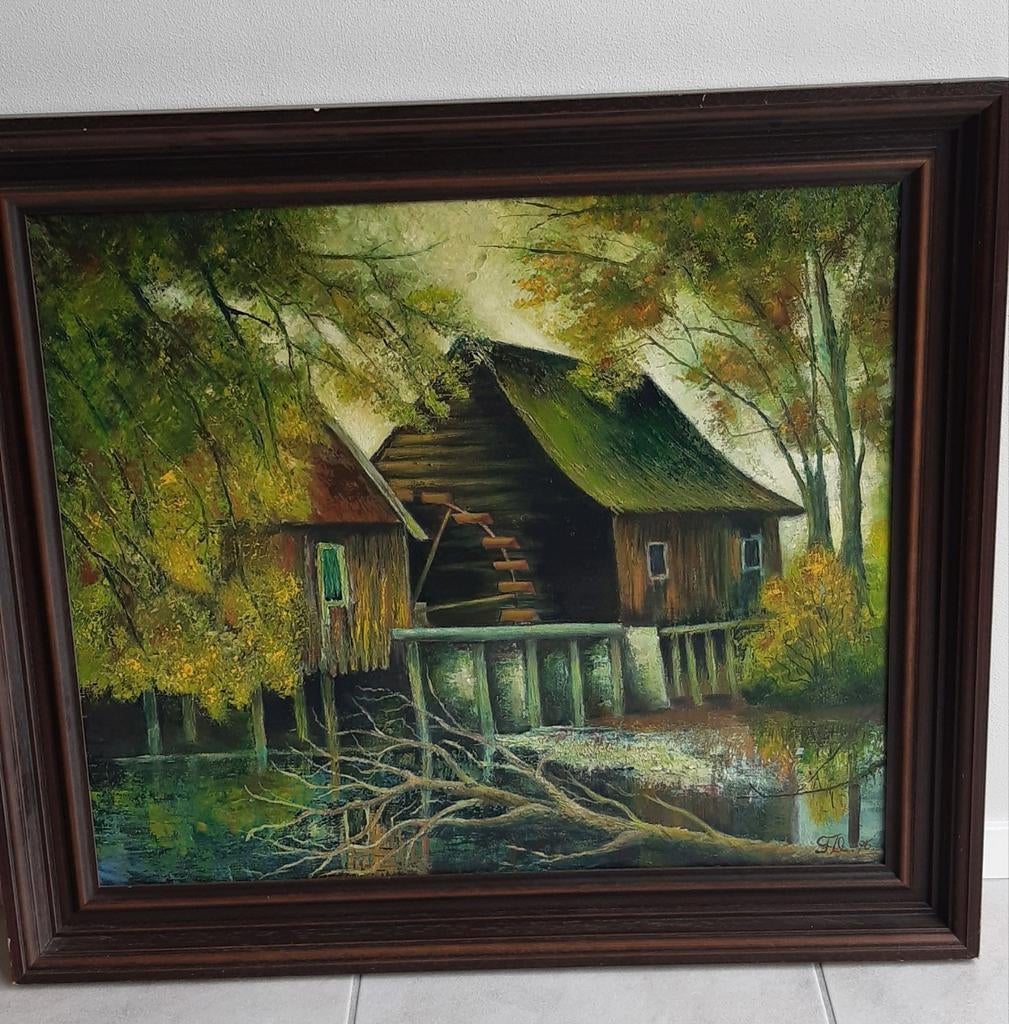 Oud olieverf schilderij watermolen, Ophalen of Verzenden