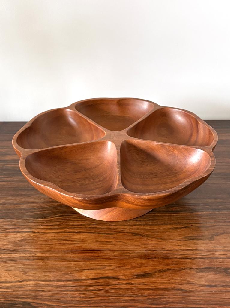 Vintage teakhouten serveer draaiplateau, 5 vaks, Lazy Susan, Huis en Inrichting, Gebruikt, Schaal, Rond, Ophalen of Verzenden