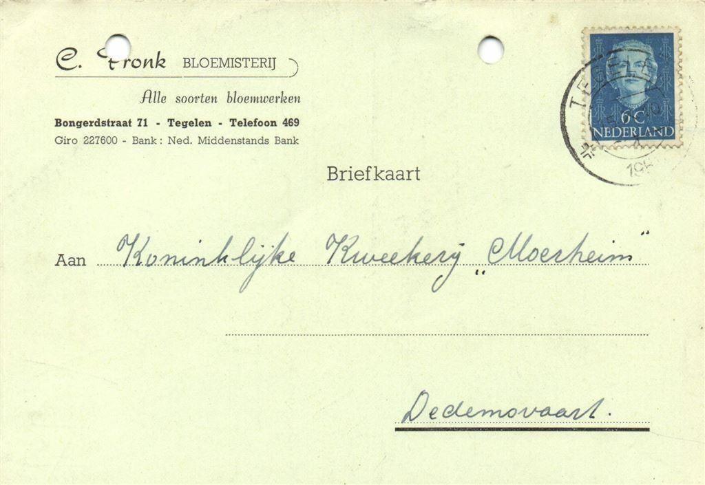 C. Pronk, Bloemisterij, Tegelen - 10.1951 - briefkaart, Ophalen of Verzenden, Briefkaart