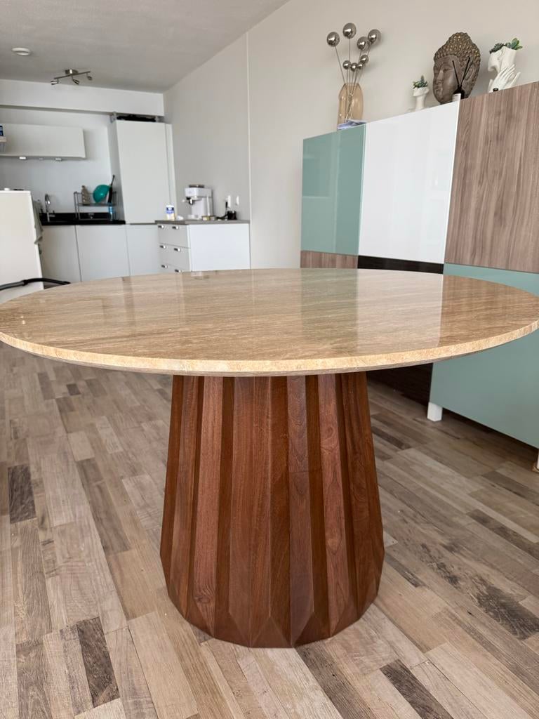 Nieuwe ronde travertin eettafel met mangohouten onderstel, Ophalen, 100 tot 150 cm, Rond, Nieuw