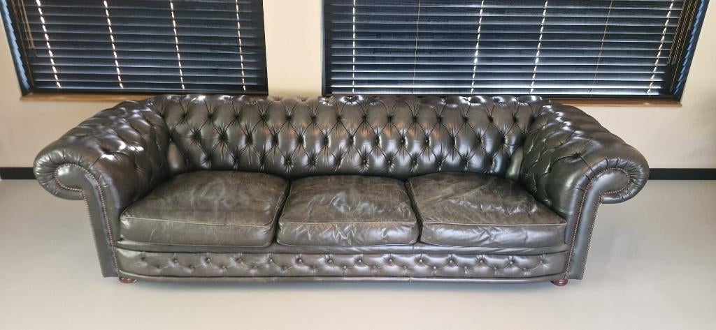 Chesterfield bank 3 zits donker groen, Ophalen, 250 tot 300 cm, Gebruikt, 100 tot 125 cm