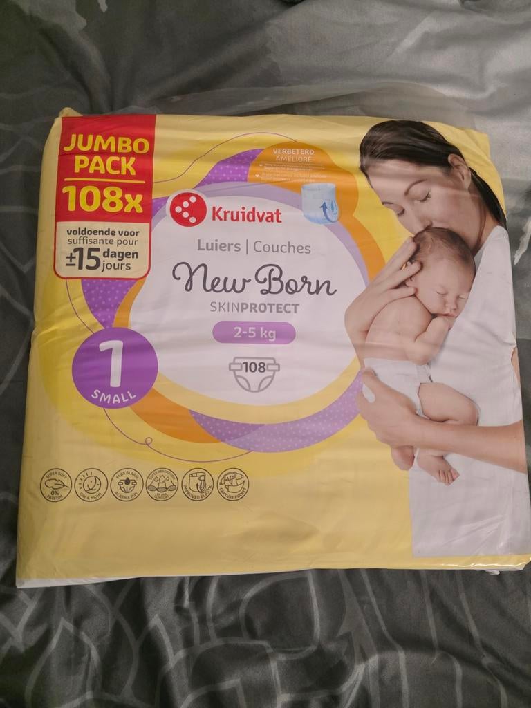 Kruidvat New Born Luiers Maat 1 (2-5 kg) - Jumbopack 108x, Ophalen of Verzenden, Nieuw