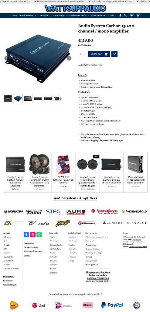 Audio System Carbon 130.2 2 kanaals / mono versterker, Info@optimount.nl, Nieuw, Ophalen of Verzenden, Anholtseweg 48A 7091 HB DINXPERLO