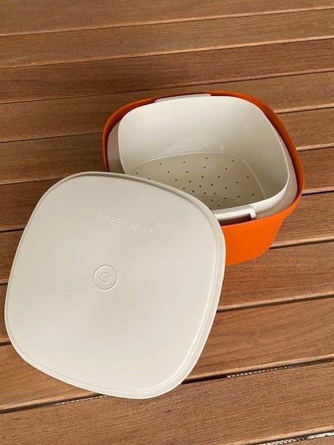 oranje schaal met vergiet en deksel - retro - nieuw, Ophalen of Verzenden, Nieuw, Crème, Schaal