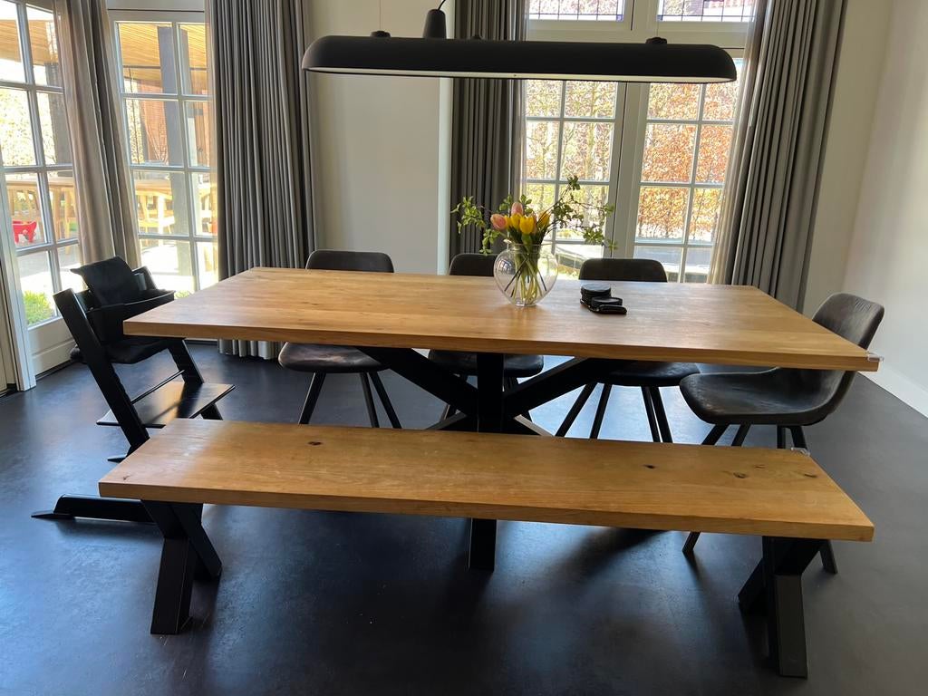 Eikenhouten eettafelbankje x-poot staal 180x40cm, Ophalen, Gebruikt, Hout
