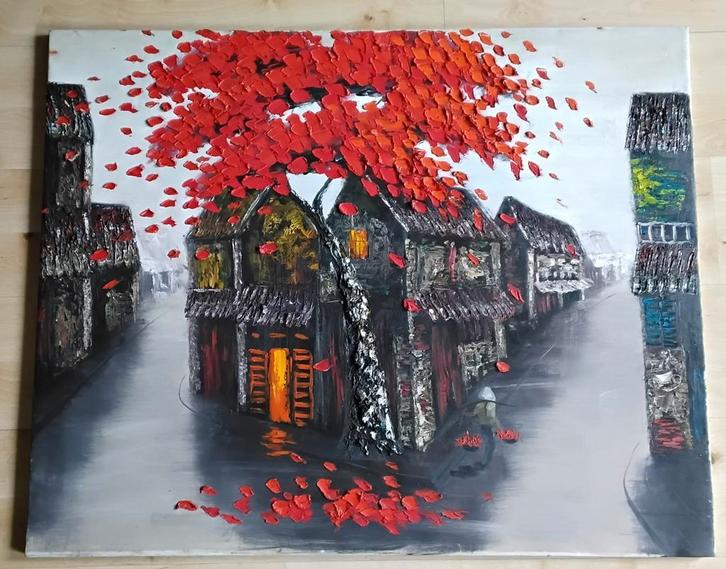Mooi Schilderij: Straatbeeld met Rode Bloesem - 80x100 cm, Antiek en Kunst, Kunst | Schilderijen | Modern, Ophalen