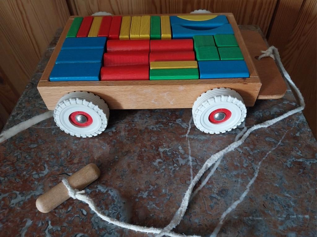 Houten Blokkenkarretje van Tante Brocante, Kinderen en Baby's, Speelgoed | Houten speelgoed, Ophalen of Verzenden