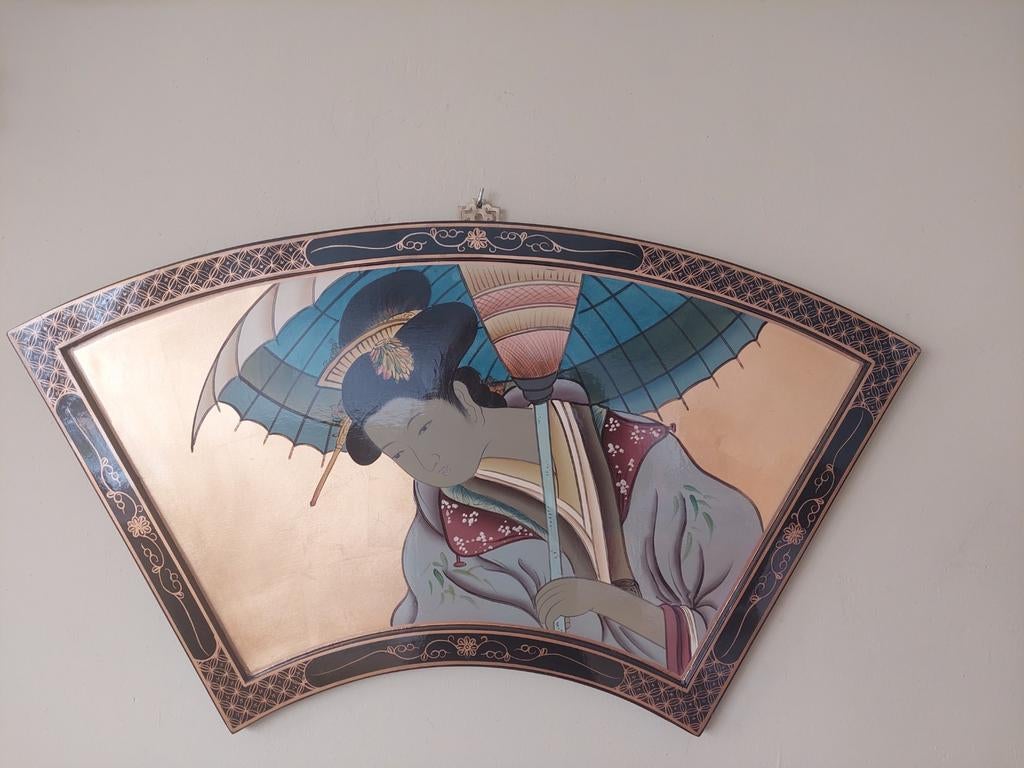 Houten Japans antiek paneel met de hand beschilderd, Antiek en Kunst, Ophalen of Verzenden