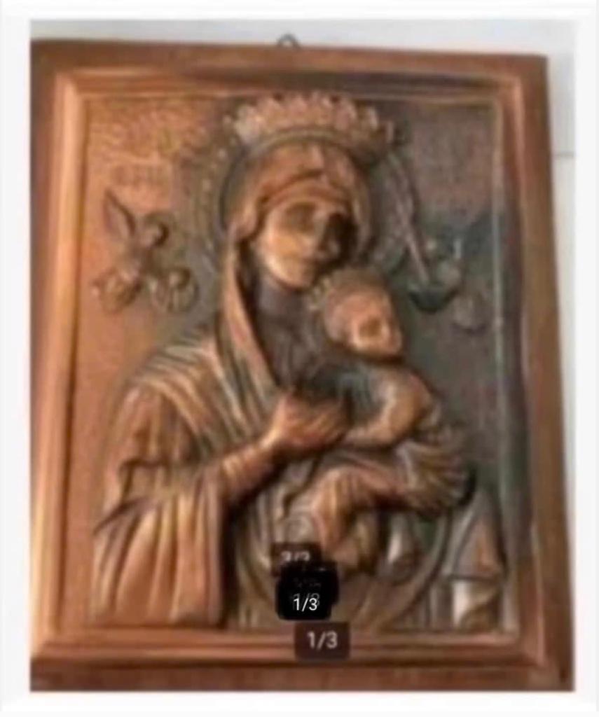 Antiek Koperen plaquette Maria Kind houten ondergrond, Antiek en Kunst, Antiek | Religie, Ophalen of Verzenden