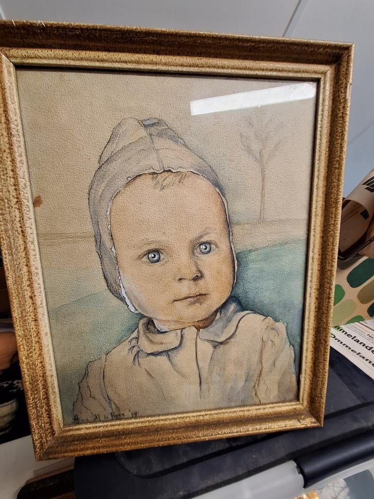 Schilderij baby met muts, gesigneerd Anna M. de Vries '44, Antiek en Kunst, Kunst | Schilderijen | Klassiek, Ophalen of Verzenden