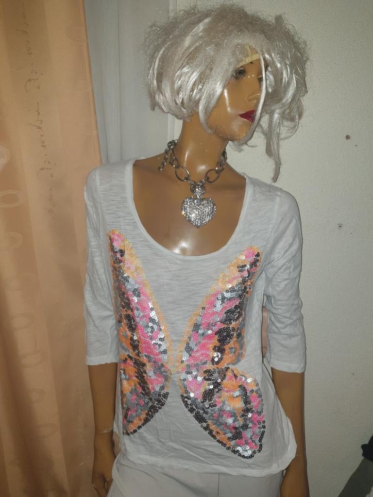 Yaya T-shirt met vlinder pailletten - Maat M, Maat 38/40 (M), Wit, Ophalen of Verzenden, Zo goed als nieuw