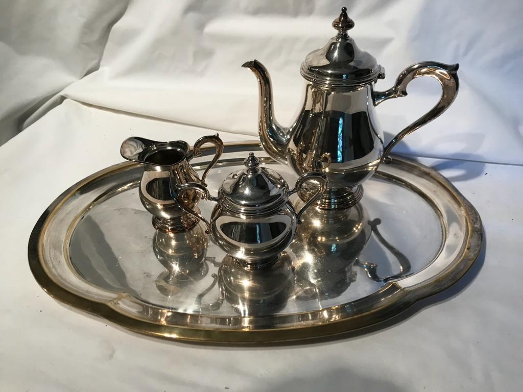 Antiek koffie-stel verzilverd op serveerblad. KELTUM., Antiek en Kunst, Ophalen of Verzenden