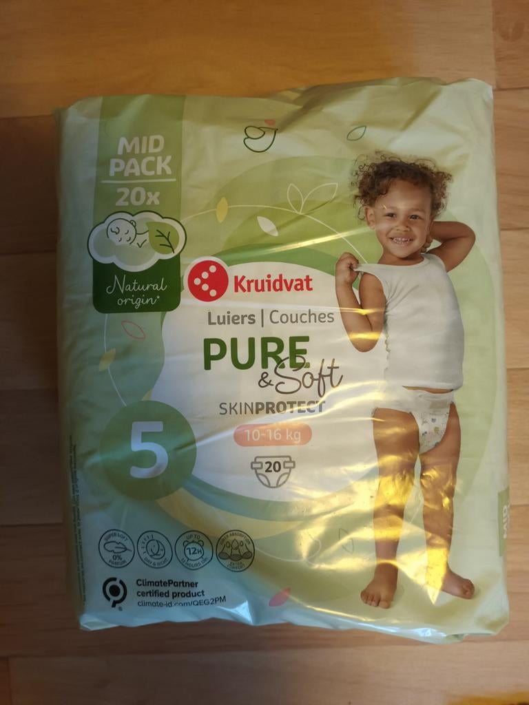 Kruidvat 20 luiers pure & en soft maat 5 midpack 10 tot 16kg, Ophalen of Verzenden, Nieuw, Overige typen, Overige merken