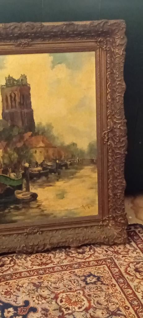 Oud schilderij met gracht en toren, inclusief lijst, Ophalen