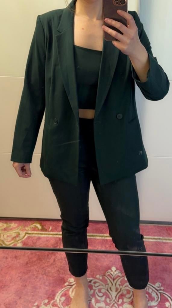 Donkergroen 3-delig blazerpak - Broek 38, Top+Blazer S, Kleding | Dames, Kostuum of Pak, Ophalen of Verzenden, Zo goed als nieuw