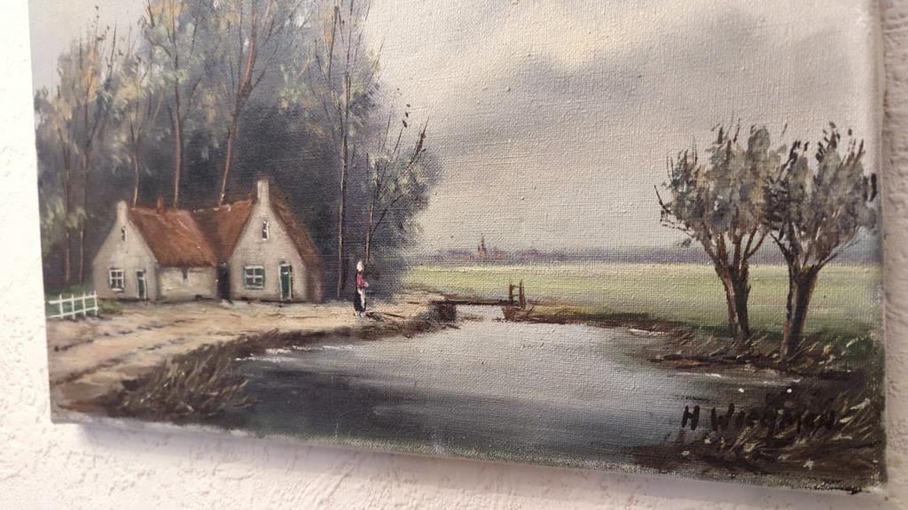 Schilderij: Hollands Landschap met Boerderijen en Water, Antiek en Kunst, Ophalen of Verzenden