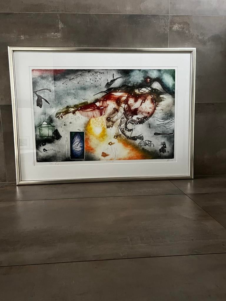 Abstracte Ets 'Ad Arma' - Modern Kunstwerk Ingelijst, Ophalen, Ets, Gesigneerd, 1950 - 1999