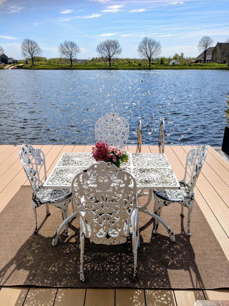 Witte brocante smeed/gietijzeren tuinset: tafel + stoelen, Tuin en Terras, Ophalen, Gebruikt, Tuinset, Eettafel