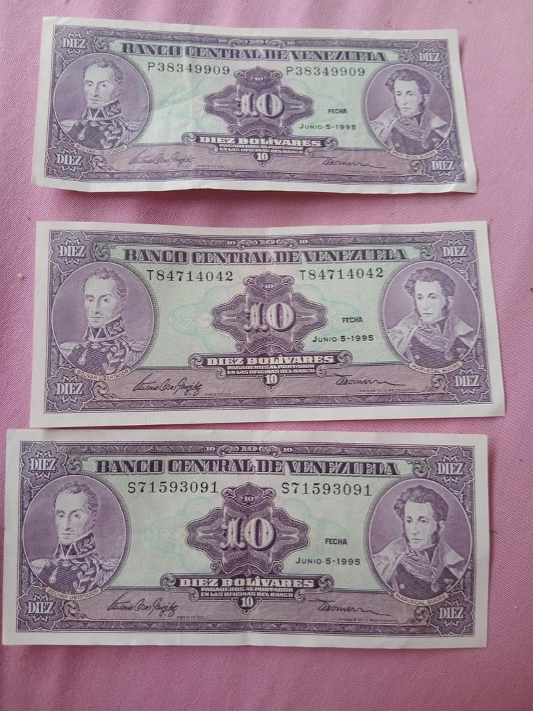 Set van 3x 10 Venezolaanse Bolívares bankbiljetten 1995, Postzegels en Munten, Bankbiljetten | Amerika, Ophalen of Verzenden, Zuid-Amerika