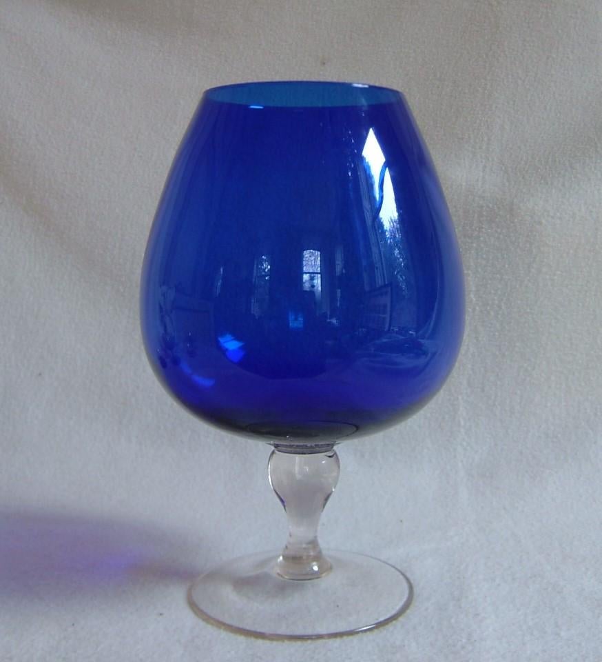 Grote blauwe glazen cognac ballon vaas vintage jaren 60 / 70, Ophalen of Verzenden