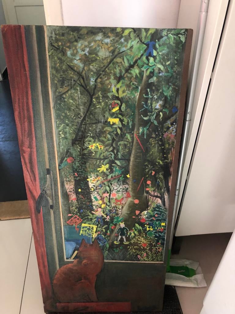 Kat kijkt uit het raam geschilderd op hout, Antiek en Kunst, Ophalen of Verzenden