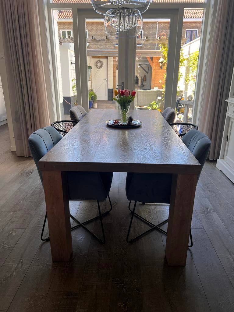 Mooie eethoek met massief eiken tafel en 6 stoelen, Huis en Inrichting, Ophalen, Gebruikt, Eikenhout, 200 cm of meer