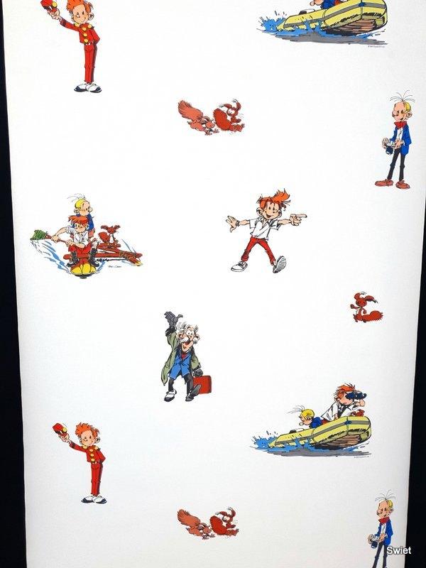 12841 Robbedoes behang met Kwabbernoot op wit swiet, Verzenden, Minder dan 10 m², Geel