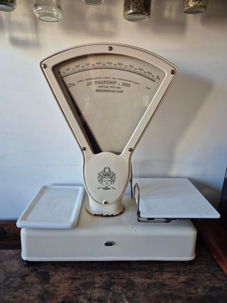 Antieke emaille winkelweegschaal Jan Molenschot & Zoon, Ophalen