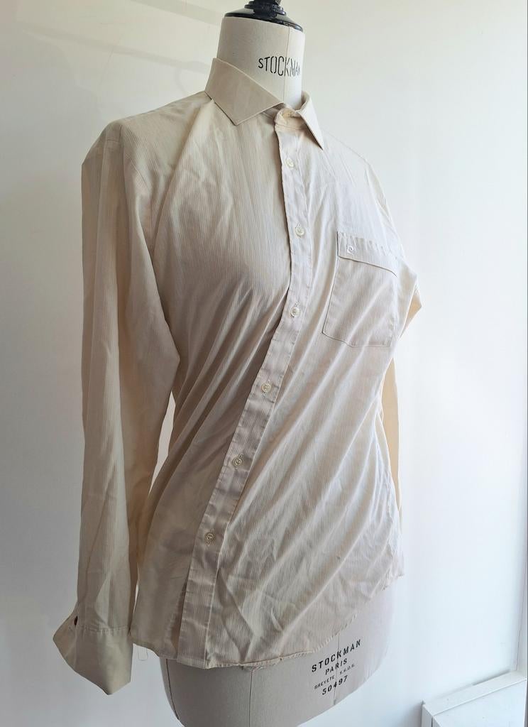 vintage Pierre CARDIN blouse m/ dries van noten manchetkn0op, Ophalen of Verzenden, Zo goed als nieuw, Maat 38/40 (M), Beige