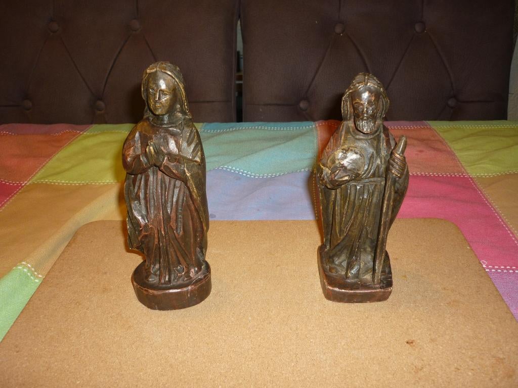 Antieke houten beelden Maria en Jozef religieus houtsnijwerk, Ophalen of Verzenden
