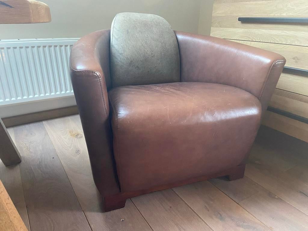 Vintage Leren Fauteuil - Bruin met Beige Rugleuning, Ophalen, Gebruikt, Leer, 75 tot 100 cm