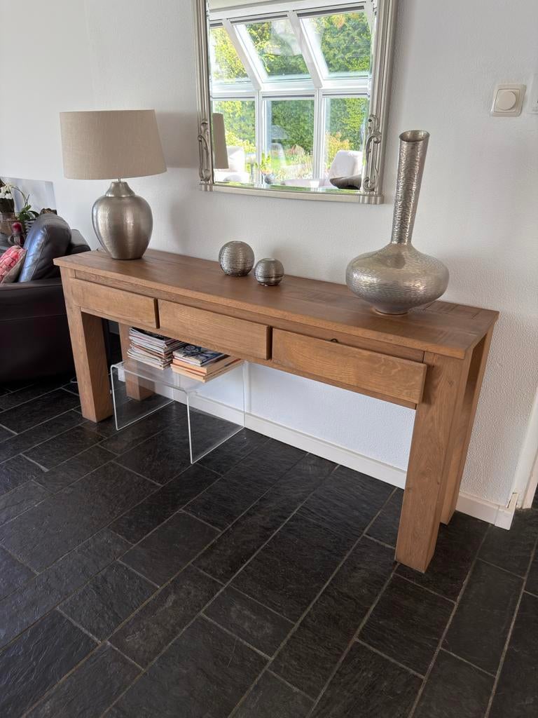 houten sidetable met lades -, Huis en Inrichting, Tafels | Sidetables, Ophalen, Eikenhout, Zo goed als nieuw, 150 tot 200 cm