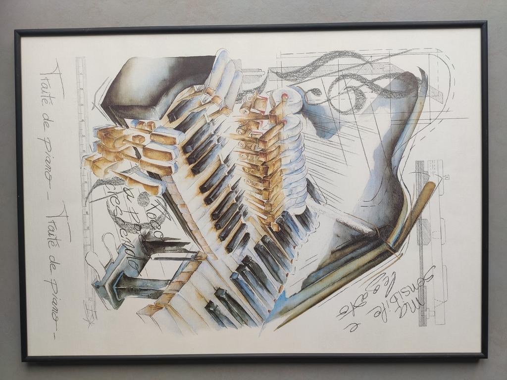 Aquarel piano kunst in zwarte lijst 50 x 70 cm, Ophalen