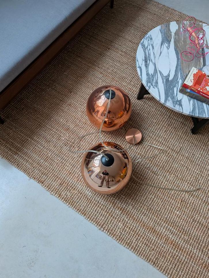 2x Koperkleurige Hanglampen 25cm - Tom Dixon Look-alikes, Huis en Inrichting, Lampen | Hanglampen, Zo goed als nieuw, Minder dan 50 cm