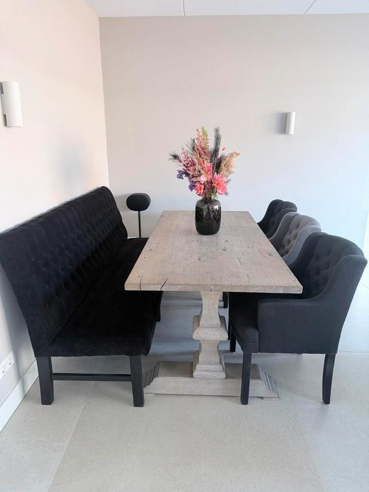 Massief eiken eethoek met tafel, bank, stoelen, tv meubel, Huis en Inrichting, Tafels | Eettafels, Gebruikt, 100 tot 150 cm, 150 tot 200 cm