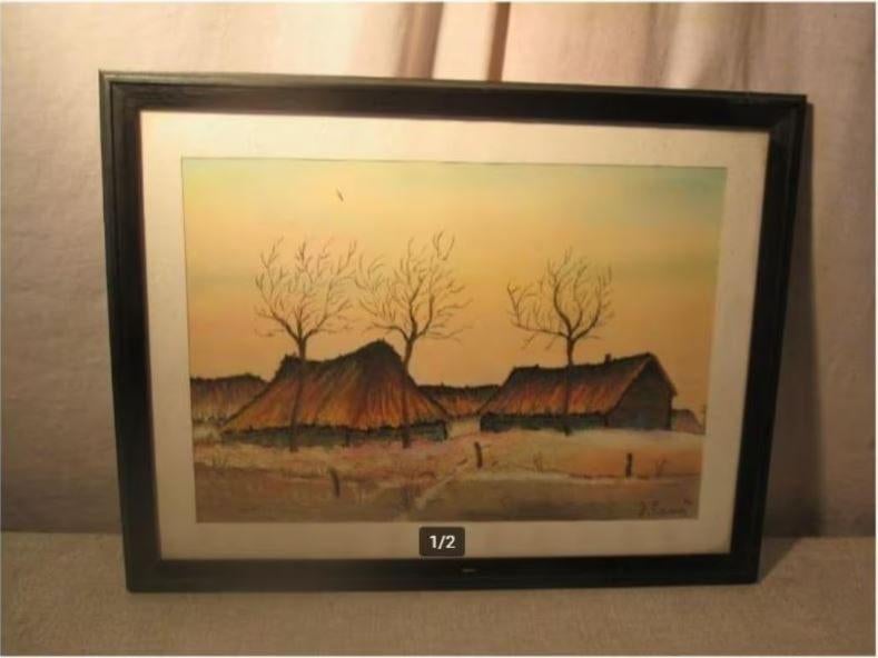 Mooi Geschilderd Aquarel '2 Oude Schuren' - J Lens, Antiek en Kunst, Kunst | Schilderijen | Klassiek, Ophalen of Verzenden