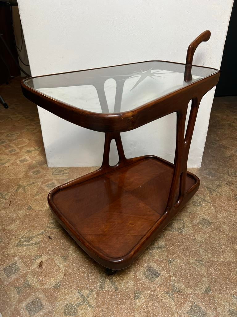 Mid-century serveerwagen – walnoot & glas – jaren 60, Ophalen, Gebruikt, Vintage, 55 tot 75 cm