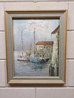 Mediterraan schilderij Spanje met aangemeerde boten, Ophalen of Verzenden