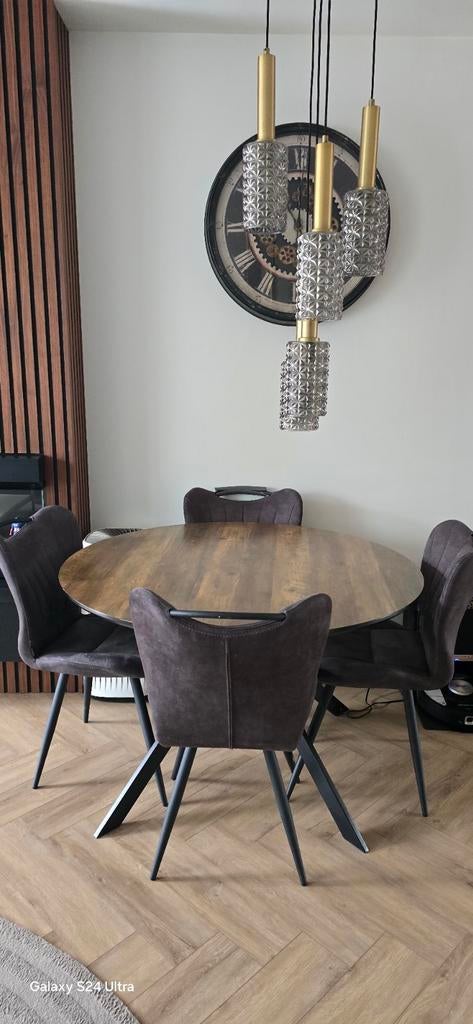 Ronde eettafel met 4 stoelen, Gebruikt, Modern, industrieel, Rond, Vier personen